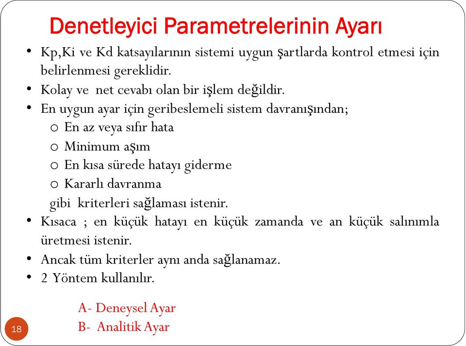 En uygun ayar çn grblml m avranışınan; o En az vya ıfırhaa o Mnmum aşım o En kıa ür haayı grm o