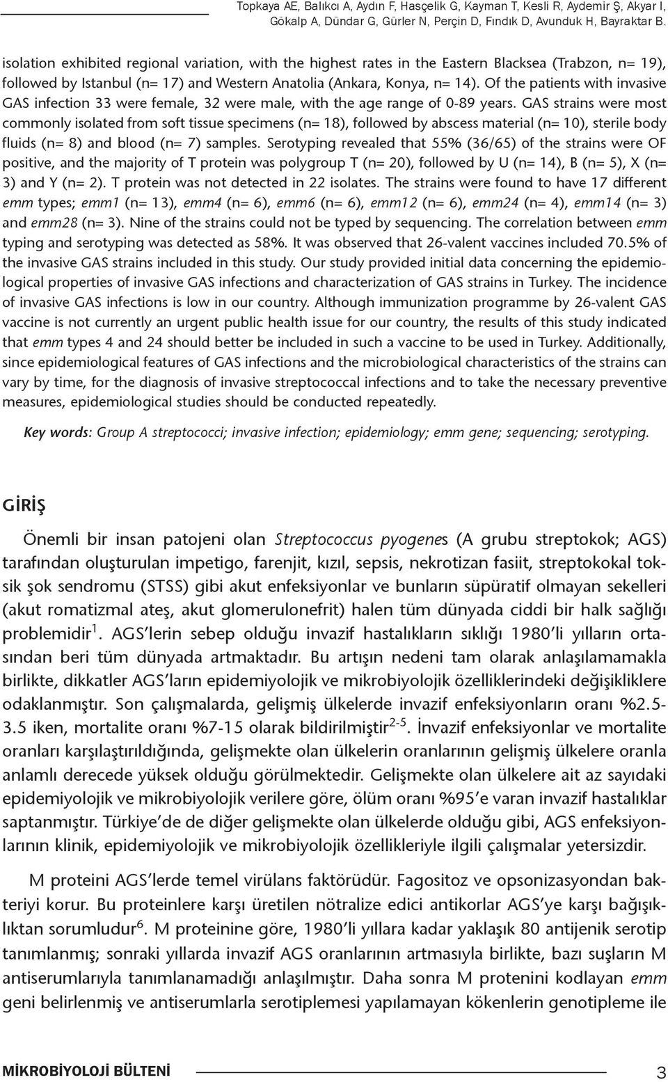 Of the patients with invasive GAS infection 33 were female, 32 were male, with the age range of 0-89 years.