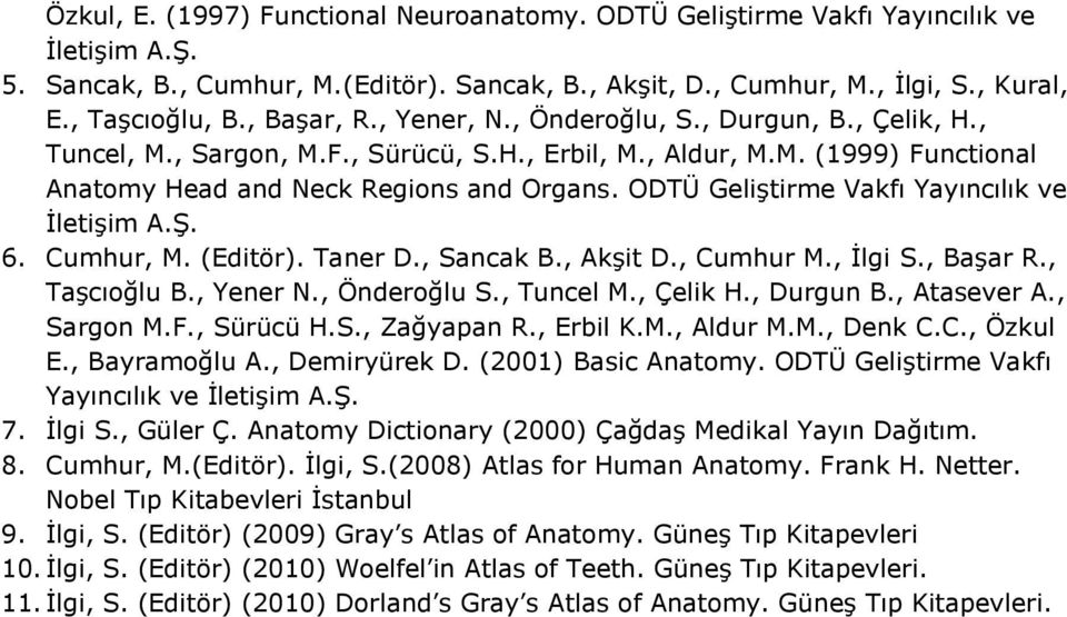 ODTÜ Geliştirme Vakfı Yayıncılık ve İletişim A.Ş. 6. Cumhur, M. (Editör). Taner D., Sancak B., Akşit D., Cumhur M., İlgi S., Başar R., Taşcıoğlu B., Yener N., Önderoğlu S., Tuncel M., Çelik H.