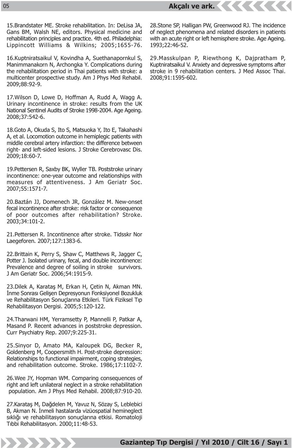 Complications during the rehabilitation period in Thai patients with stroke: a multicenter prospective study. Am J Phys Med Rehabil. 009;88:9-9. 8.Stone SP, Halligan PW, Greenwood RJ.