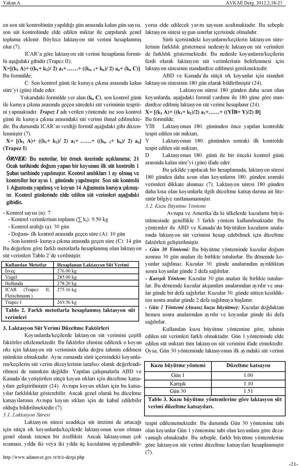 ç kma aras nda kalan süre yi (gün) ifade eder. Yukar daki formülde yer alan (k n C), son kontrol günü ile kuruya ç kma aras nda geçen süredeki süt veriminin tespitini yapmaktad r.