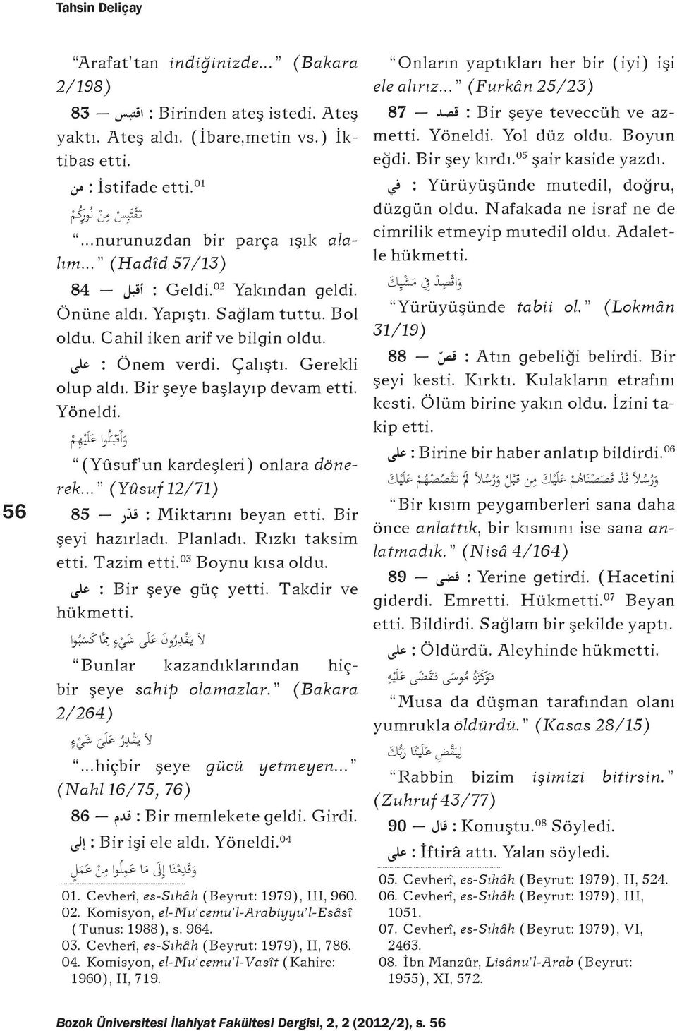 Gerekli على olup aldı. Bir şeye başlayıp devam etti. Yöneldi. و أ ق ب ل وا ع ل ي ه م (Yûsuf un kardeşleri) onlara dönerek... (Yûsuf 12/71) : Miktarını beyan etti. Bir قد ر 85 şeyi hazırladı. Planladı.