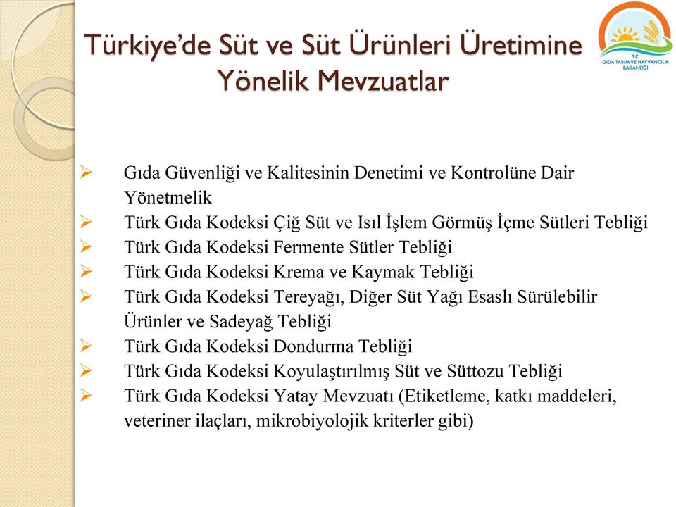 Türk Gıda Kodeksi Tereyağı, Diğer Süt Yağı Esaslı Sürülebilir Ürünler ve Sadeyağ Tebliği Türk Gıda Kodeksi Dondurma Tebliği Türk Gıda Kodeksi