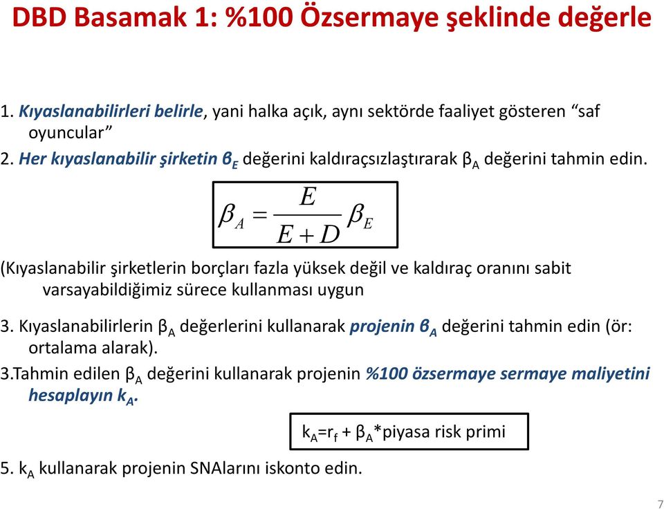 β A = E + E β E D (Kıyaslanabilir şirketlerin borçları fazla yüksek değil ve kaldıraç oranını sabit varsayabildiğimiz sürece kullanması uygun 3.