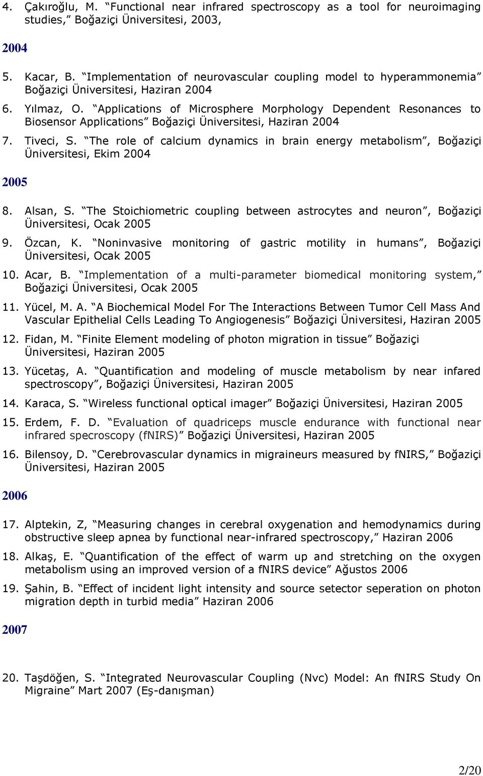 Applications of Microsphere Morphology Dependent Resonances to Biosensor Applications Boğaziçi Üniversitesi, Haziran 2004 7. Tiveci, S.