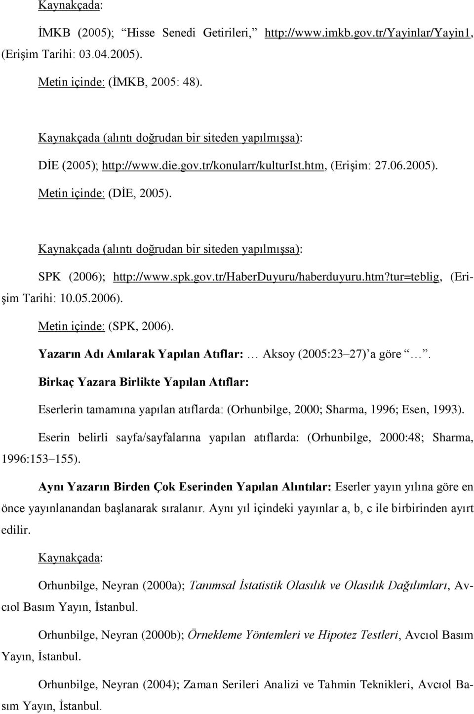 Kaynakçada (alıntı doğrudan bir siteden yapılmışsa): SPK (2006); http://www.spk.gov.tr/haberduyuru/haberduyuru.htm?tur=teblig, (Erişim Tarihi: 10.05.2006). Metin içinde: (SPK, 2006).