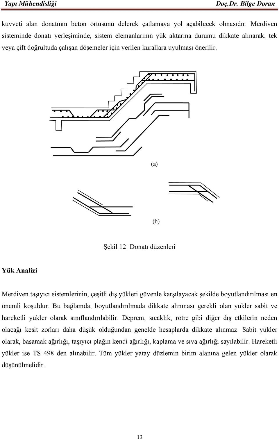 (a) (b) Şekil 12: Donatı düzenleri Yük Analizi Merdiven taşıyıcı sistemlerinin, çeşitli dış yükleri güvenle karşılayacak şekilde boyutlandırılması en önemli koşuldur.