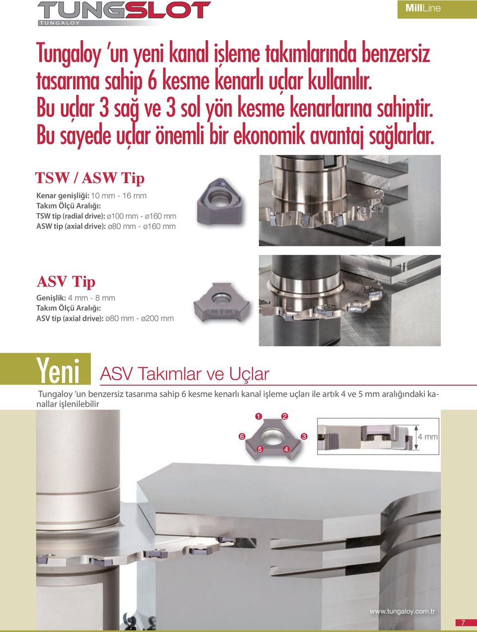 TSW / ASW Tip Kenar genişliği: 10 mm - 16 mm Takım Ölçü Aralığı: TSW tip (radial drive): ø100 mm - ø160 mm ASW tip (axial drive): ø80 mm - ø160 mm ASV Tip