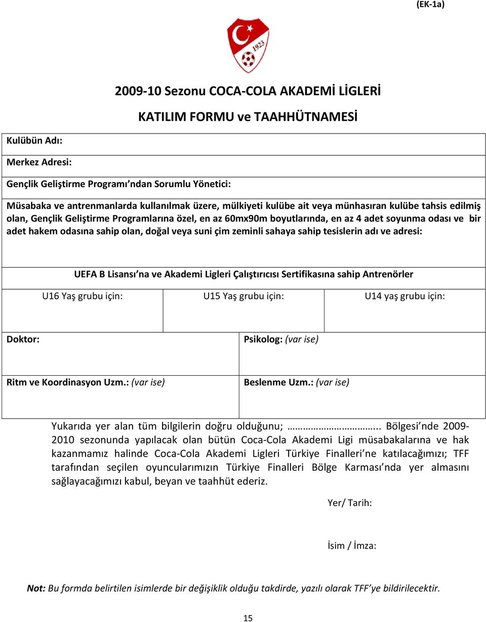 olan, doğal veya suni çim zeminli sahaya sahip tesislerin adı ve adresi: UEFA B Lisansı na ve Akademi Ligleri Çalıştırıcısı Sertifikasına sahip Antrenörler U16 Yaş grubu için: U15 Yaş grubu için: U14