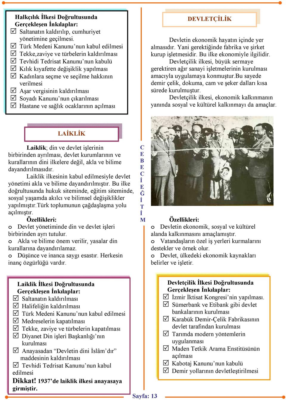 vergisinin kaldırılması Soyadı Kanunu nun çıkarılması Hastane ve sağlık ocaklarının açılması DVLÇLK Devletin ekonomik hayatın içinde yer almasıdır.