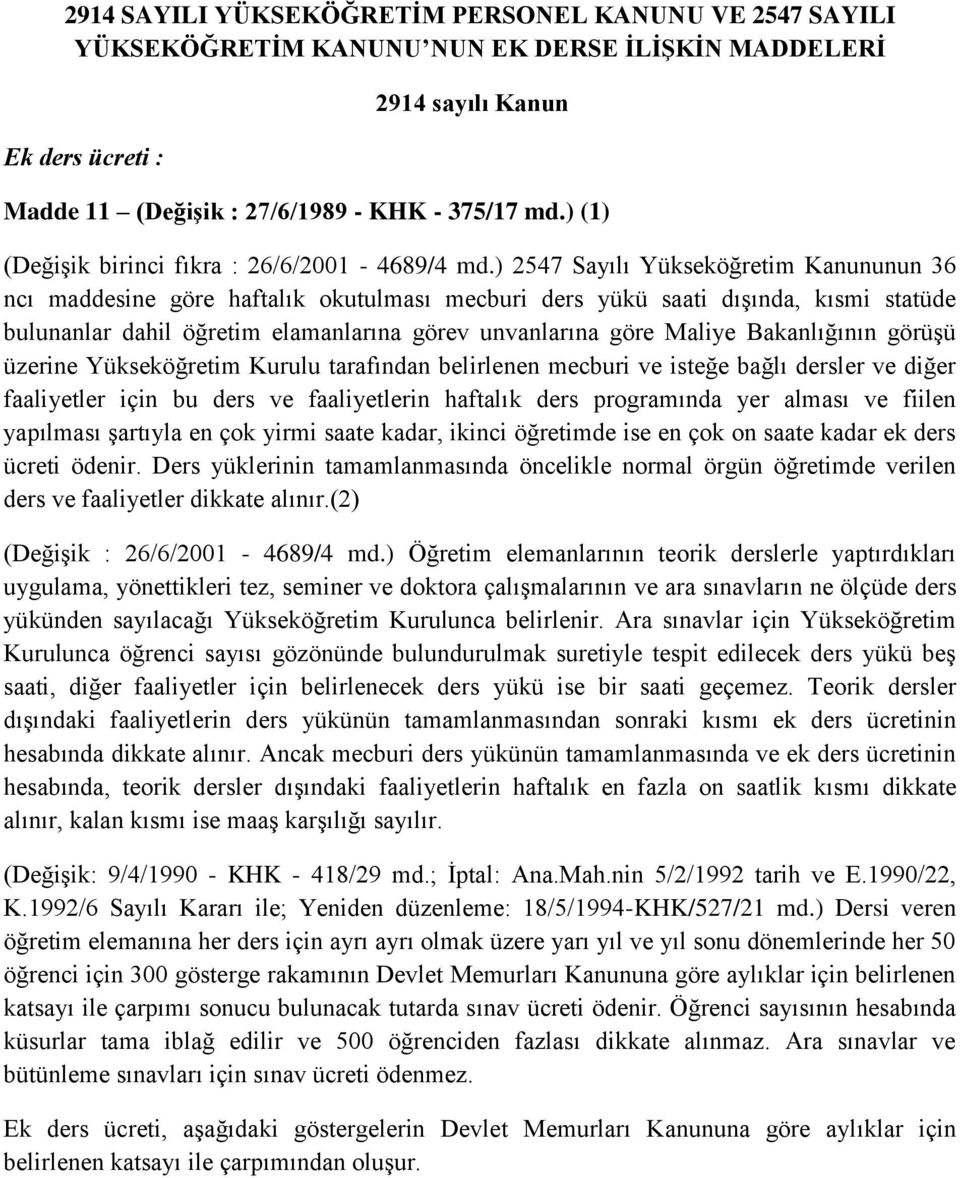 ) 2547 Sayılı Yükseköğretim Kanununun 36 ncı maddesine göre haftalık okutulması mecburi ders yükü saati dışında, kısmi statüde bulunanlar dahil öğretim elamanlarına görev unvanlarına göre Maliye