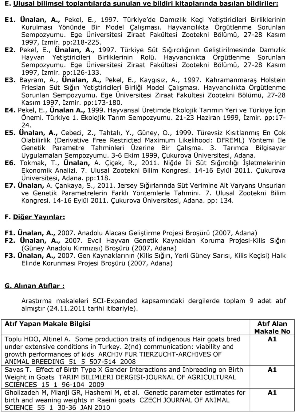 Ege Üniversitesi Ziraat Fakültesi Zootekni Bölümü, 27-28 Kasım 1997, İzmir. pp:218-225. E2. Pekel, E., Ünalan, A., 1997.