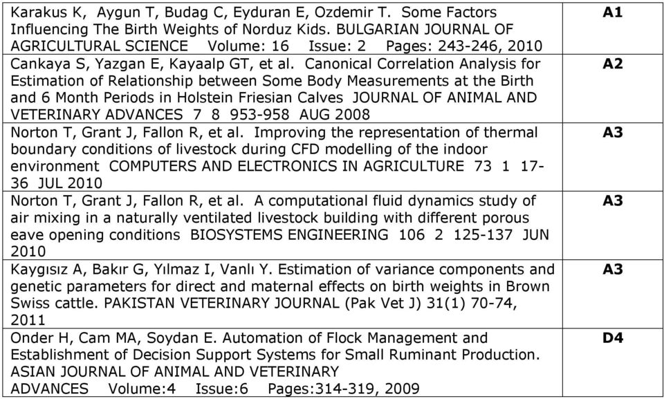 Canonical Correlation Analysis for Estimation of Relationship between Some Body Measurements at the Birth and 6 Month Periods in Holstein Friesian Calves JOURNAL OF ANIMAL AND VETERINARY ADVANCES 7 8