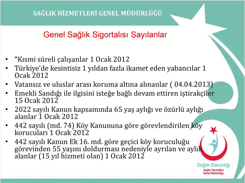 04.2013) Emekli Sandığı ile ilgisini isteğe bağlı devam ettiren iştirakçiler 15 Ocak 2012 2022 sayılı Kanun kapsamında 65 yaş aylığı ve özürlü aylığı