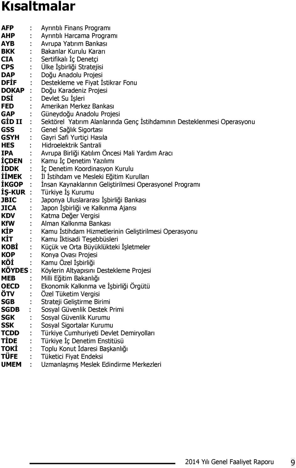 Yatırım Alanlarında Genç İstihdamının Desteklenmesi Operasyonu GSS : Genel Sağlık Sigortası GSYH : Gayri Safi Yurtiçi Hasıla HES : Hidroelektrik Santrali IPA : Avrupa Birliği Katılım Öncesi Mali