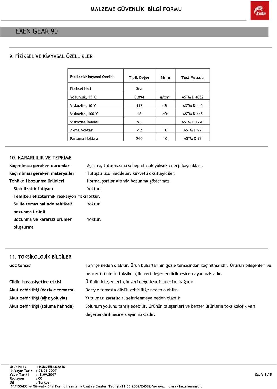 KARARLILIK VE TEPKİME Kaçınılması gereken durumlar Aşırı ısı, tutuşmasına sebep olacak yüksek enerji kaynakları. Kaçınılması gereken materyaller Tutuşturucu maddeler, kuvvetli oksitleyiciler.