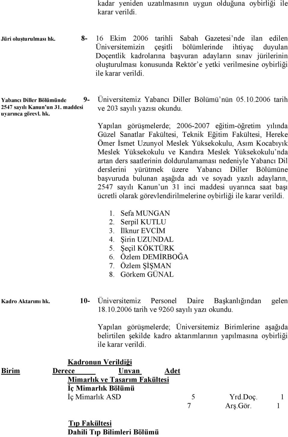 yetki verilmesine oybirliği Yabancı Diller Bölümünde 9-2547 sayılı Kanun un 31. maddesi uyarınca görevl. hk. Üniversitemiz Yabancı Diller Bölümü nün 05.10.2006 tarih ve 203 sayılı yazısı okundu.