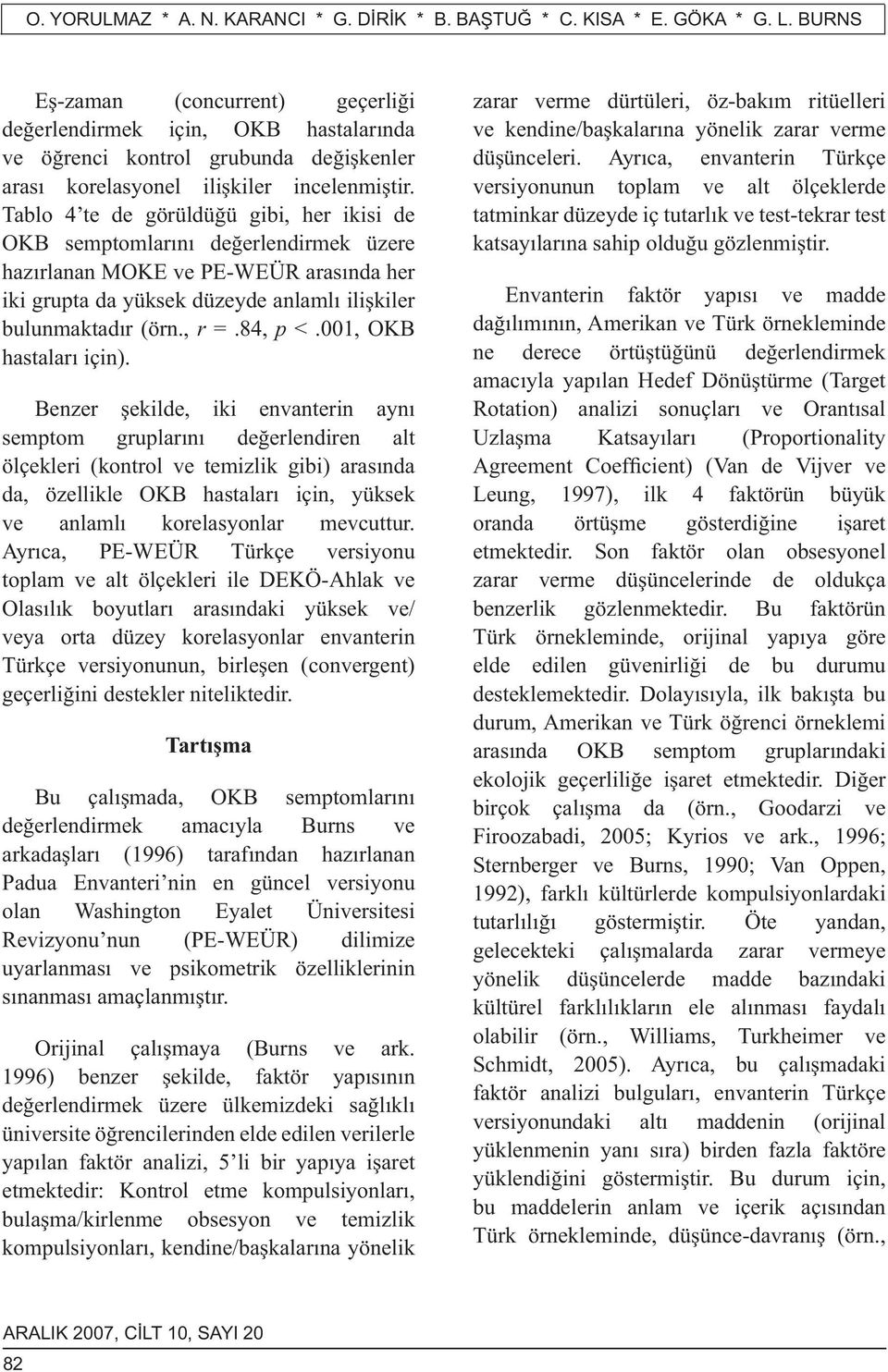 Tablo 4 te de görüldüğü gibi, her ikisi de OKB semptomlarını değerlendirmek üzere hazırlanan MOKE ve PE-WEÜR arasında her iki grupta da yüksek düzeyde anlamlı ilişkiler bulunmaktadır (örn., r =.