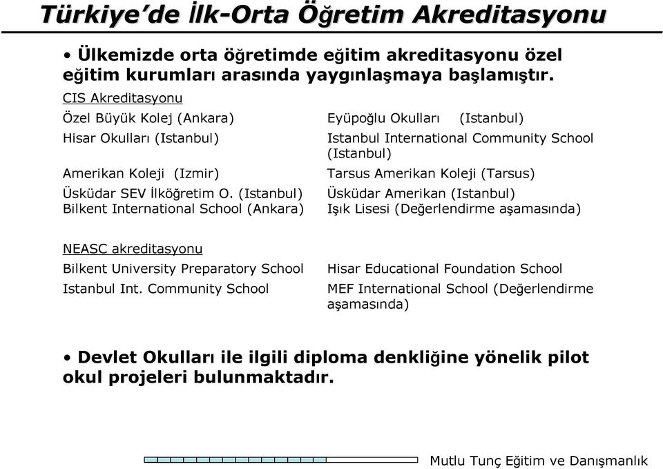 (Istanbul) Bilkent International School (Ankara) Istanbul International Community School (Istanbul) Tarsus Amerikan Koleji (Tarsus) Üsküdar Amerikan (Istanbul) Işık Lisesi (Değerlendirme