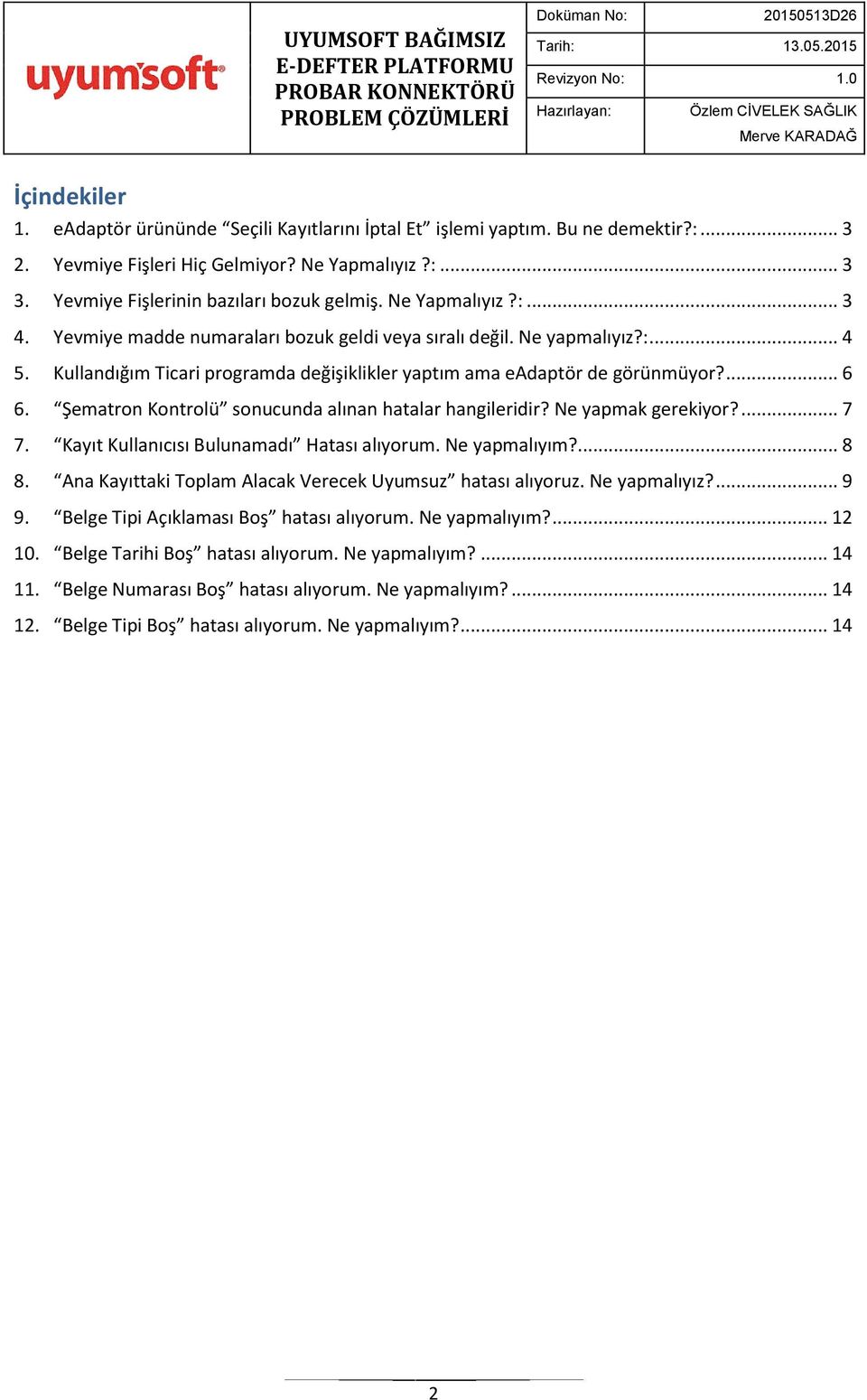 Şematron Kontrolü sonucunda alınan hatalar hangileridir? Ne yapmak gerekiyor?... 7 7. Kayıt Kullanıcısı Bulunamadı Hatası alıyorum. Ne yapmalıyım?... 8 8.