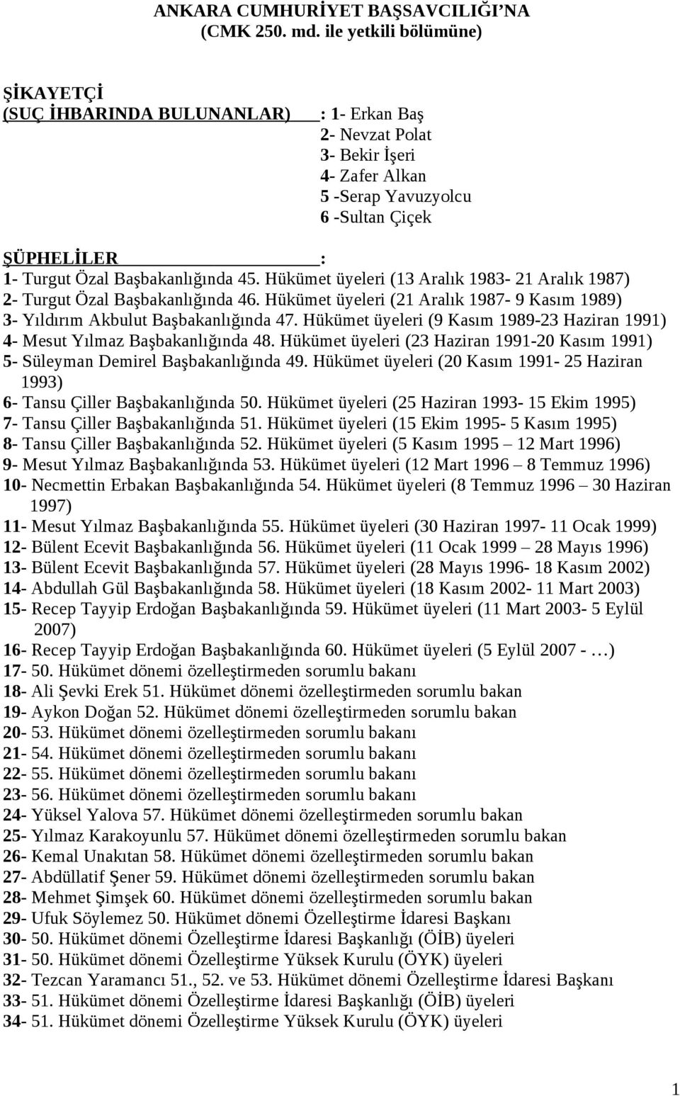 45. Hükümet üyeleri (13 Aralık 1983-21 Aralık 1987) 2- Turgut Özal Başbakanlığında 46. Hükümet üyeleri (21 Aralık 1987-9 Kasım 1989) 3- Yıldırım Akbulut Başbakanlığında 47.