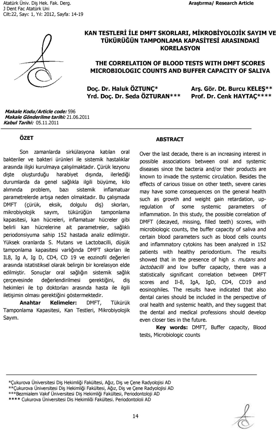 TESTS WITH DMFT SCORES MICROBIOLOGIC COUNTS AND BUFFER CAPACITY OF SALIVA Doç. D. Haluk ÖZTUNÇ* Yd. Doç. D. Seda ÖZTURAN*** Aş. Gö. Dt. Bucu KELEŞ** Pof. D. Cenk HAYTAÇ**** Makale Kodu/Aticle code: 596 Makale Göndeilme taihi: 21.