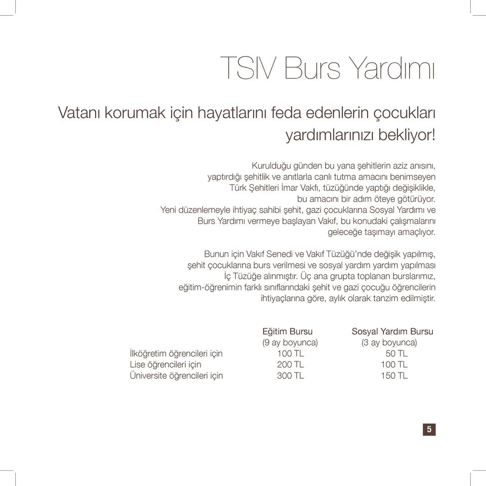 götürüyor. Yeni düzenlemeyle ihtiyaç sahibi şehit, gazi çocuklarına Sosyal Yardımı ve Burs Yardımı vermeye başlayan Vakıf, bu konudaki çalışmalarını geleceğe taşımayı amaçlıyor.