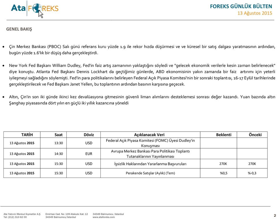 Atlanta Fed Başkanı Dennis Lockhart da geçtiğimiz günlerde, ABD ekonomisinin yakın zamanda bir faiz artırımı için yeterli iyileşmeyi sağladığını söylemişti.