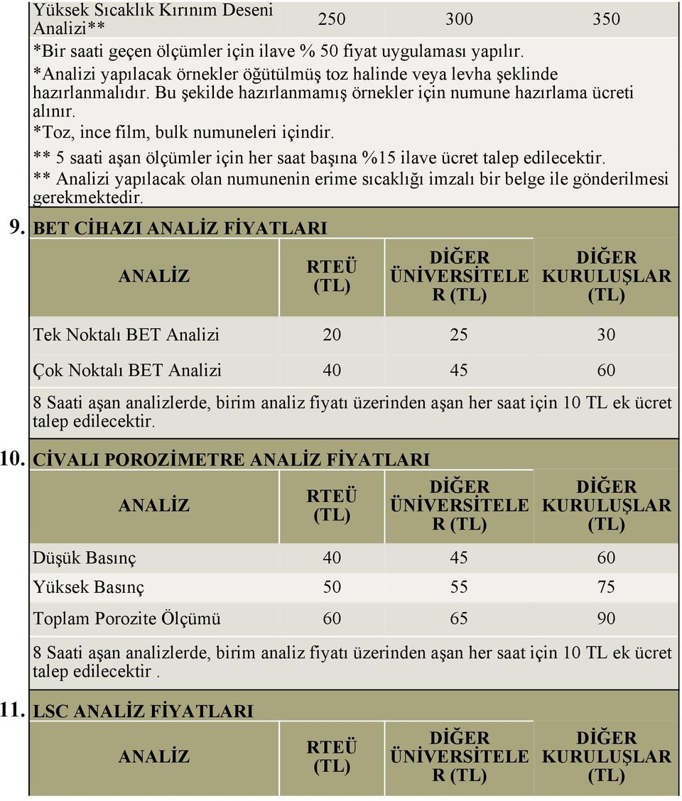 ** 5 saati aşan ölçümler için her saat başına %15 ilave ücret talep edilecektir. ** Analizi yapılacak olan numunenin erime sıcaklığı imzalı bir belge ile gönderilmesi gerekmektedir. 9.