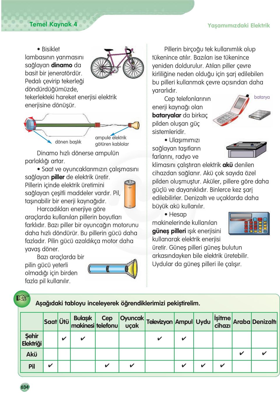 Saat ve oyuncaklar m z n çal flmas n sa layan piller de elektrik üretir. Pillerin içinde elektrik üretimini sa layan çeflitli maddeler vard r. Pil, tafl nabilir bir enerji kayna d r.