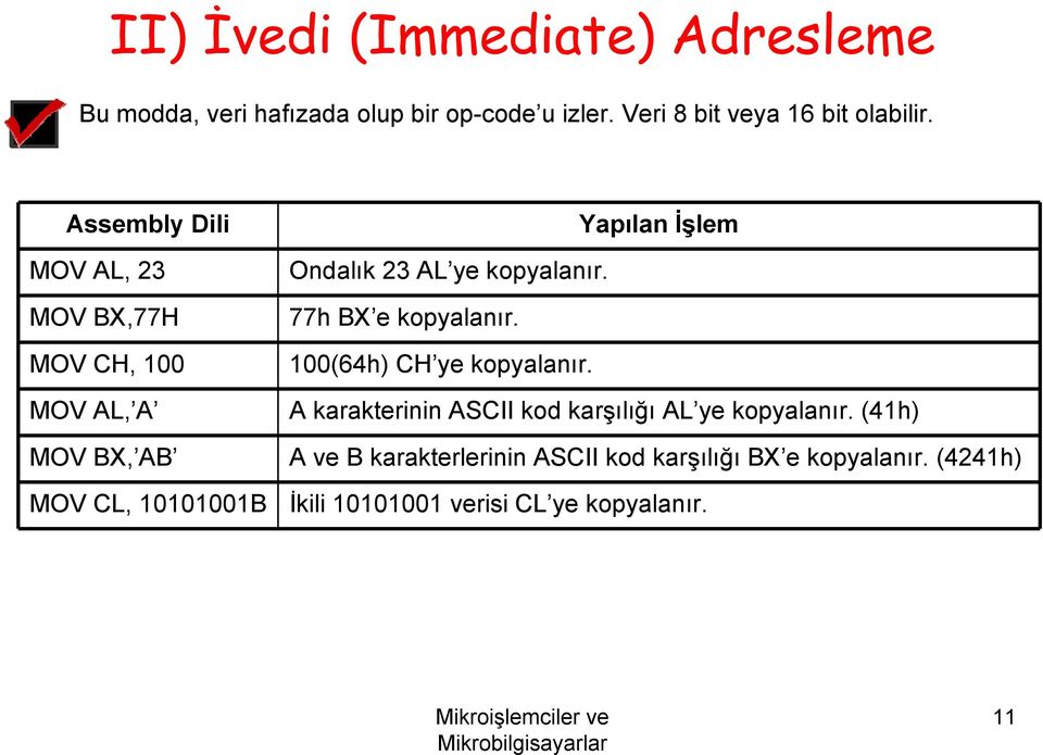 ye kopyalanır. 77h BX e kopyalanır. 100(64h) CH ye kopyalanır. A karakterinin ASCII kod karşılığı AL ye kopyalanır.