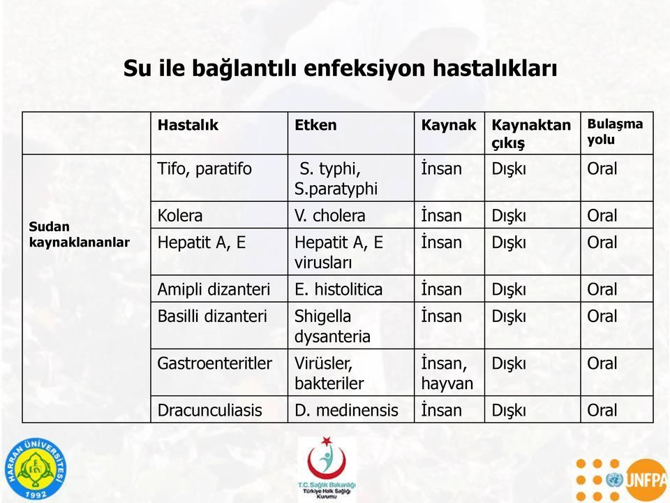 cholera İnsan Dışkı Oral Hepatit A, E Hepatit A, E virusları İnsan Dışkı Oral Amipli dizanteri E.