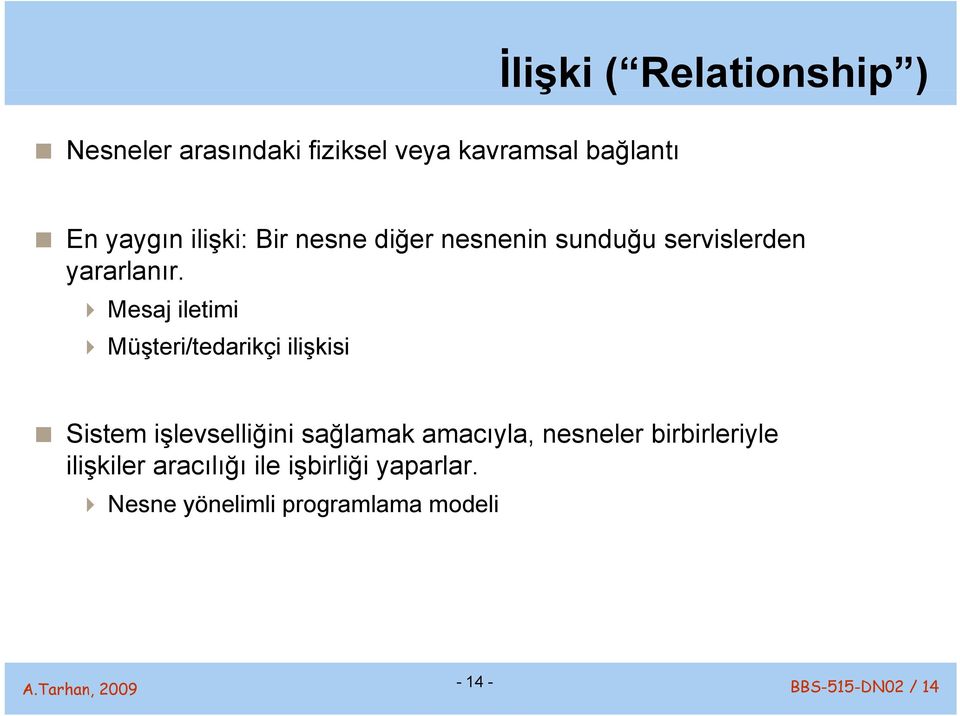 Mesaj iletimi Müşteri/tedarikçi ş ilişkisiş Sistem işlevselliğini ş ğ sağlamak ğ amacıyla,