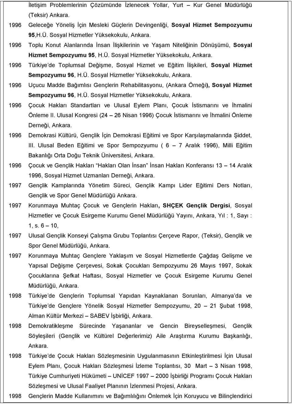 1996 Türkiye de Toplumsal Değişme, Sosyal Hizmet ve Eğitim İlişkileri, Sosyal Hizmet Sempozyumu 96, H.Ü. Sosyal Hizmetler Yüksekokulu, Ankara.