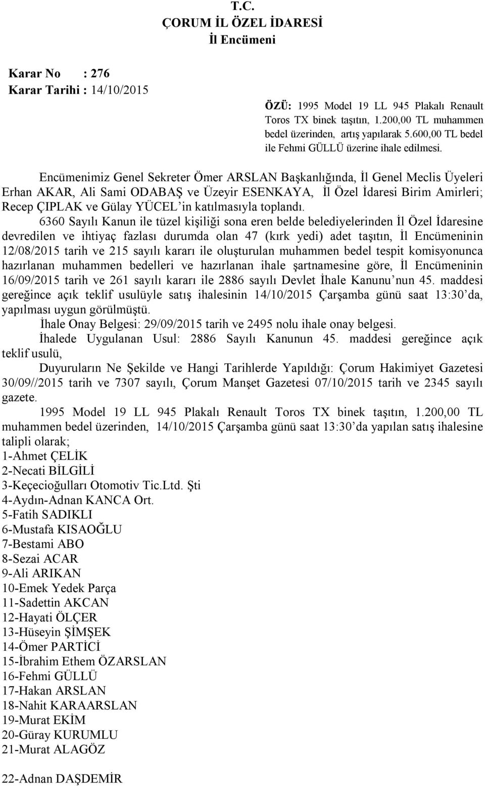 Encümenimiz Genel Sekreter Ömer ARSLAN Başkanlığında, İl Genel Meclis Üyeleri Erhan AKAR, Ali Sami ODABAŞ ve Üzeyir ESENKAYA, İl Özel İdaresi Birim Amirleri; Recep ÇIPLAK ve Gülay YÜCEL in