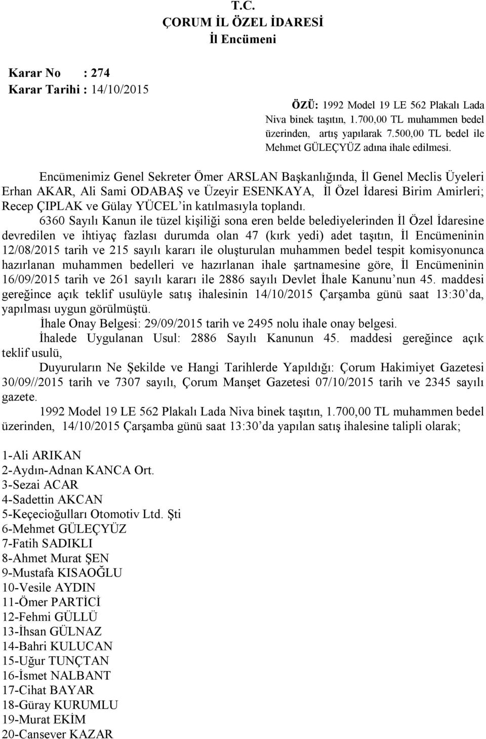 Encümenimiz Genel Sekreter Ömer ARSLAN Başkanlığında, İl Genel Meclis Üyeleri Erhan AKAR, Ali Sami ODABAŞ ve Üzeyir ESENKAYA, İl Özel İdaresi Birim Amirleri; Recep ÇIPLAK ve Gülay YÜCEL in