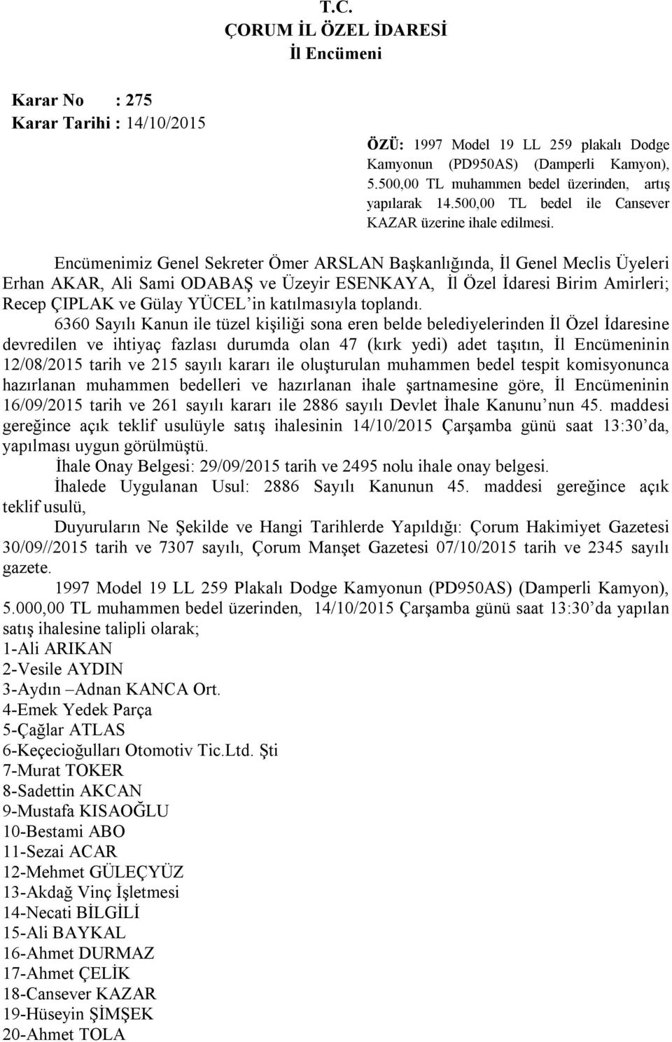 Encümenimiz Genel Sekreter Ömer ARSLAN Başkanlığında, İl Genel Meclis Üyeleri Erhan AKAR, Ali Sami ODABAŞ ve Üzeyir ESENKAYA, İl Özel İdaresi Birim Amirleri; Recep ÇIPLAK ve Gülay YÜCEL in