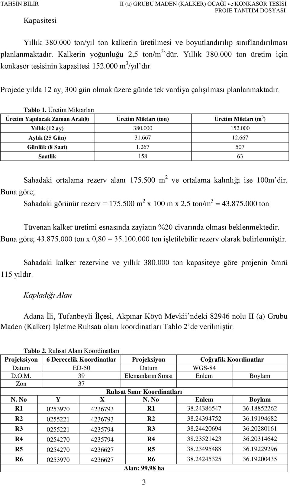 Üretim Miktarları Üretim Yapılacak Zaman Aralığı Üretim Miktarı (ton) Üretim Miktarı (m 3 ) Yıllık (12 ay) 380.000 152.000 Aylık (25 Gün) 31.667 12.667 Günlük (8 Saat) 1.