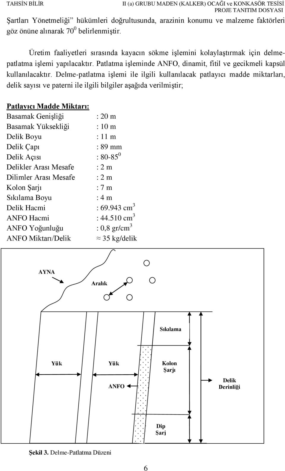 Delme-patlatma işlemi ile ilgili kullanılacak patlayıcı madde miktarları, delik sayısı ve paterni ile ilgili bilgiler aşağıda verilmiştir; Patlayıcı Madde Miktarı: Basamak Genişliği : 20 m Basamak