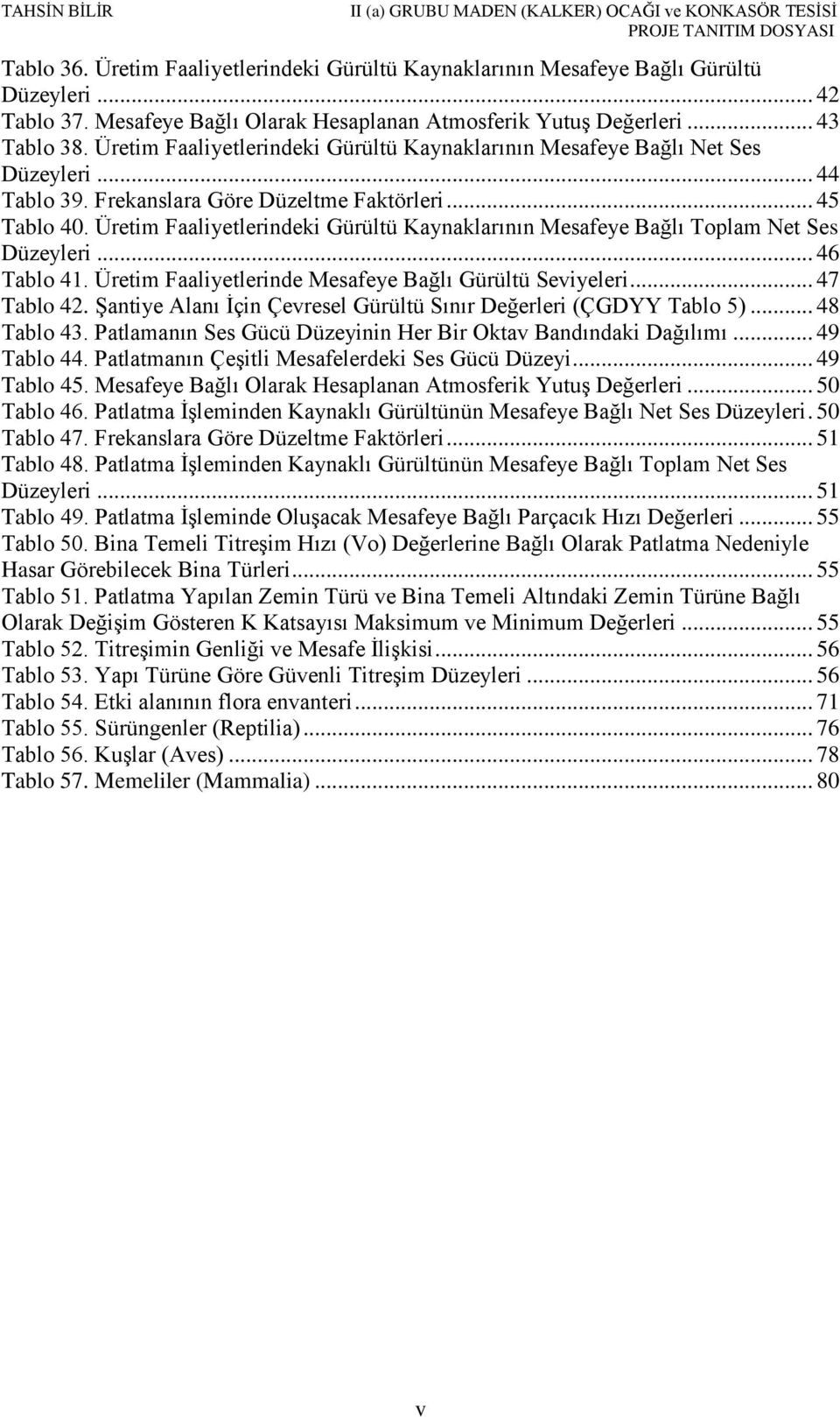 Üretim Faaliyetlerindeki Gürültü Kaynaklarının Mesafeye Bağlı Toplam Net Ses Düzeyleri... 46 Tablo 41. Üretim Faaliyetlerinde Mesafeye Bağlı Gürültü Seviyeleri... 47 Tablo 42.