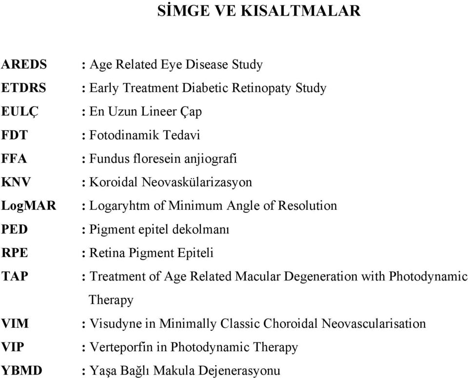 Minimum Angle of Resolution : Pigment epitel dekolmanı : Retina Pigment Epiteli : Treatment of Age Related Macular Degeneration with