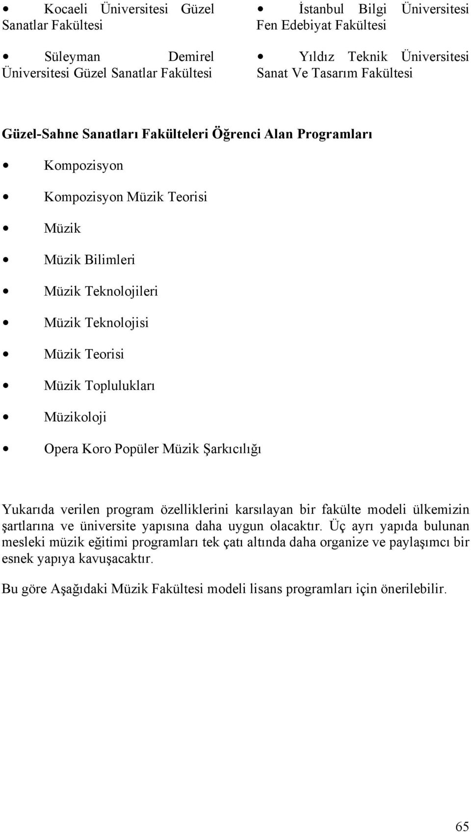 Toplulukları Müzikoloji Opera Koro Popüler Müzik Şarkıcılığı Yukarıda verilen program özelliklerini karsılayan bir fakülte modeli ülkemizin şartlarına ve üniversite yapısına daha uygun olacaktır.