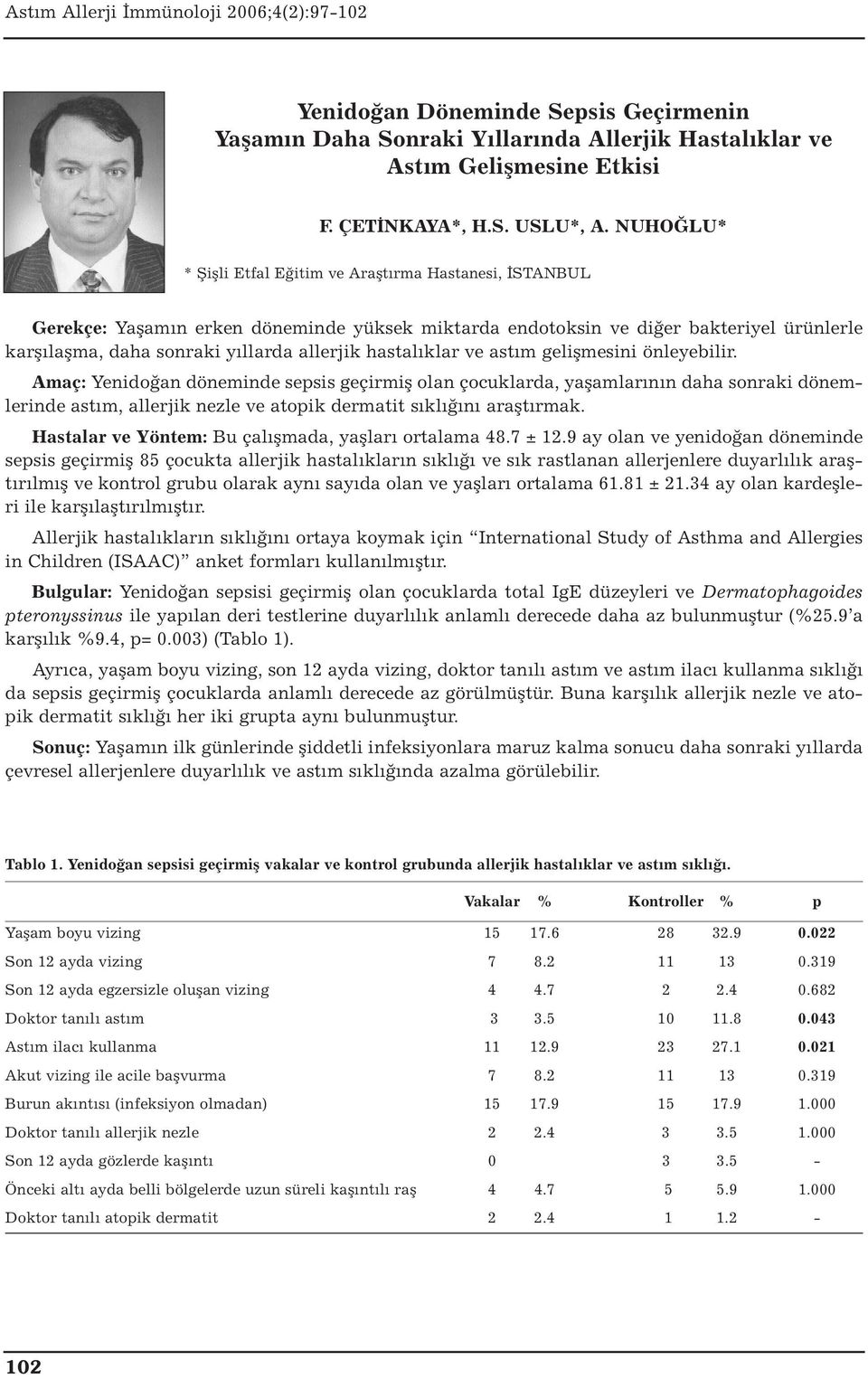 hastalıklar ve gelişmesini önleyebilir. Amaç: Yenidoğan döneminde sepsis geçirmiş olan çocuklarda, yaşamlarının daha sonraki dönemlerinde, allerjik nezle ve atopik dermatit sıklığını araştırmak.