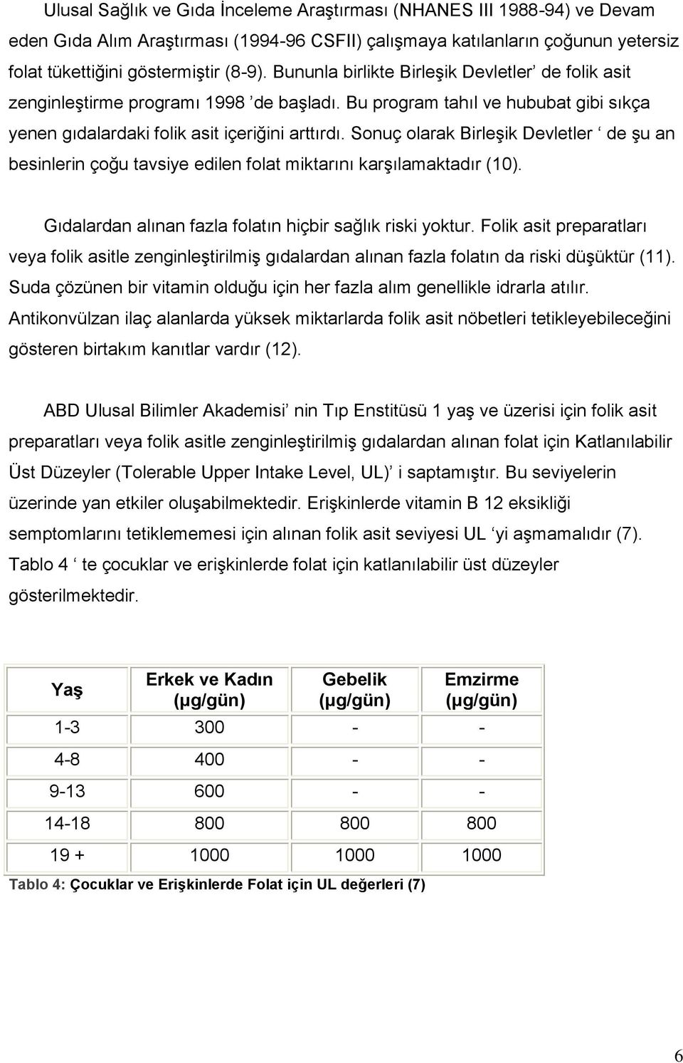 Sonuç olarak BirleĢik Devletler de Ģu an besinlerin çoğu tavsiye edilen folat miktarını karģılamaktadır (10). Gıdalardan alınan fazla folatın hiçbir sağlık riski yoktur.