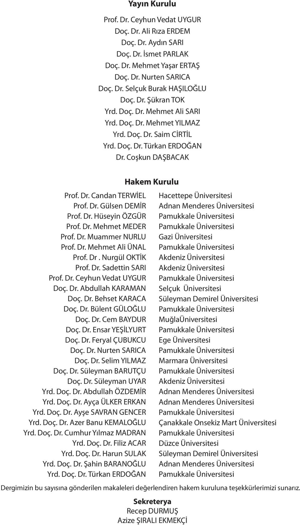 Dr. Mehmet MEDER Prof. Dr. Muammer NURLU Prof. Dr. Mehmet Ali ÜNAL Prof. Dr. Nurgül OKTİK Prof. Dr. Sadettin SARI Prof. Dr. Ceyhun Vedat UYGUR Doç. Dr. Abdullah KARAMAN Doç. Dr. Behset KARACA Doç. Dr. Bülent GÜLOĞLU Doç.