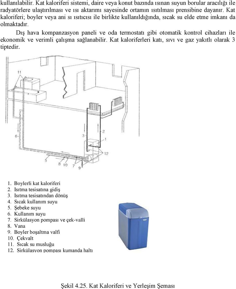 Dış hava kompanzasyon paneli ve oda termostatı gibi otomatik kontrol cihazları ile ekonomik ve verimli çalışma sağlanabilir. Kat kaloriferleri katı, sıvı ve gaz yakıtlı olarak 3 tiptedir. 1.
