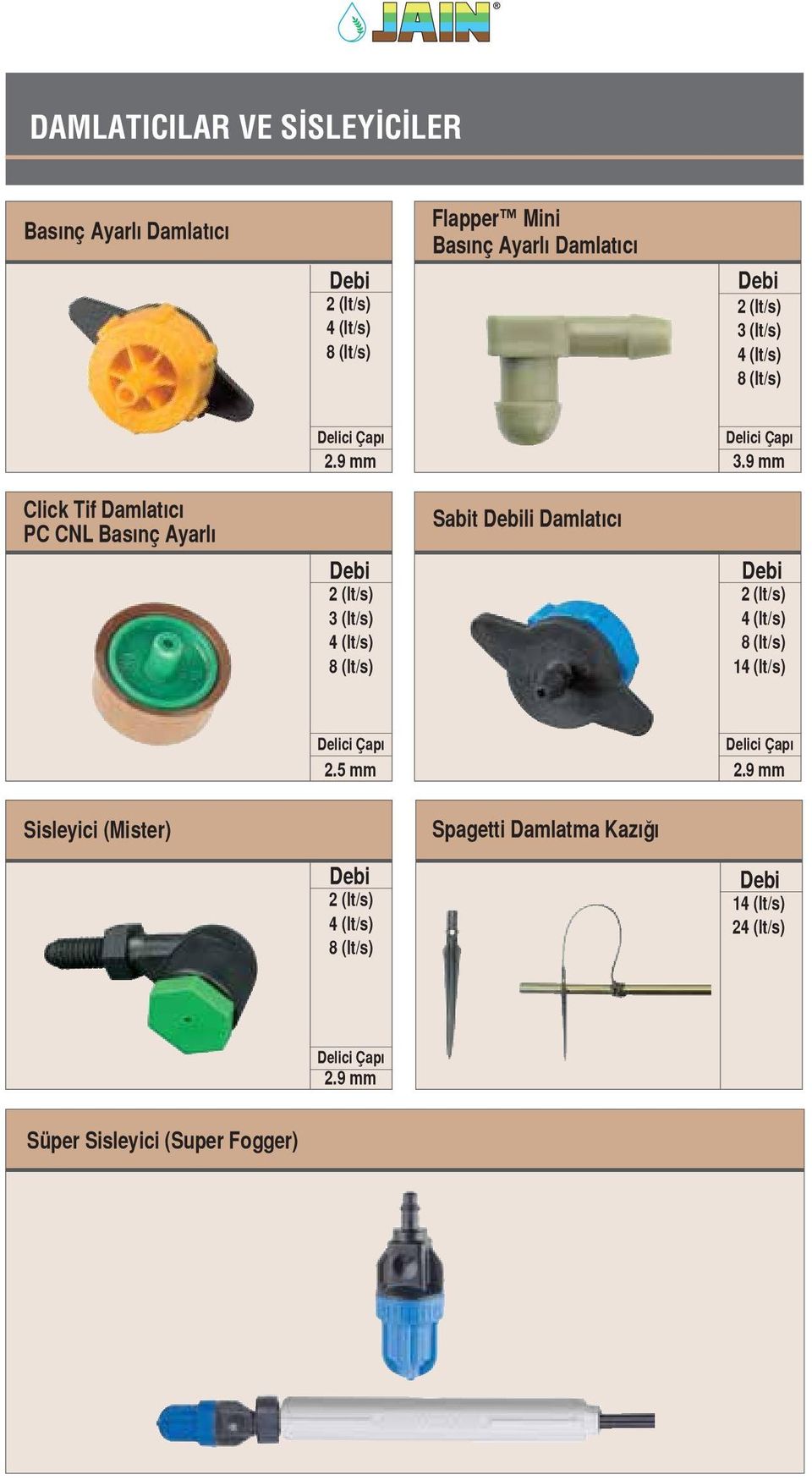 9 mm Click Tif Damlatıcı PC CNL Basınç Ayarlı Sabit Debili Damlatıcı Debi 2 (lt/s) 3 (lt/s) 4 (lt/s) 8 (lt/s) Debi 2 (lt/s) 4 (lt/s)