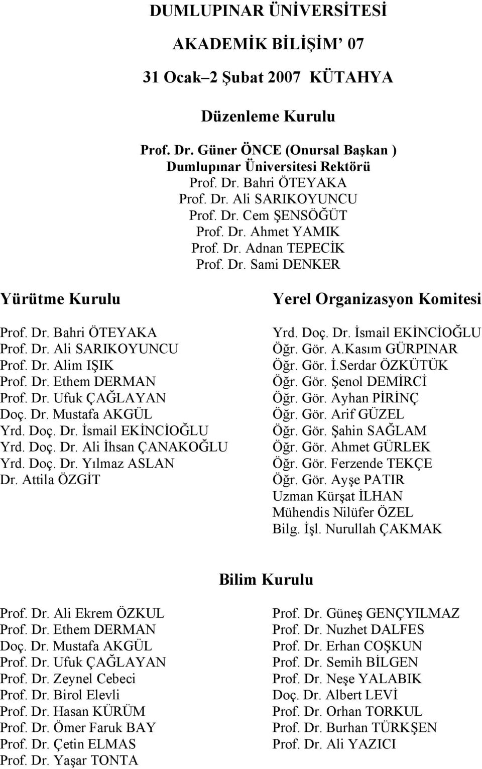 Dr. Ufuk ÇAĞLAYAN Doç. Dr. Mustafa AKGÜL Yrd. Doç. Dr. İsmail EKİNCİOĞLU Yrd. Doç. Dr. Ali İhsan ÇANAKOĞLU Yrd. Doç. Dr. Yılmaz ASLAN Dr. Attila ÖZGİT Yerel Organizasyon Komitesi Yrd. Doç. Dr. İsmail EKİNCİOĞLU Öğr.