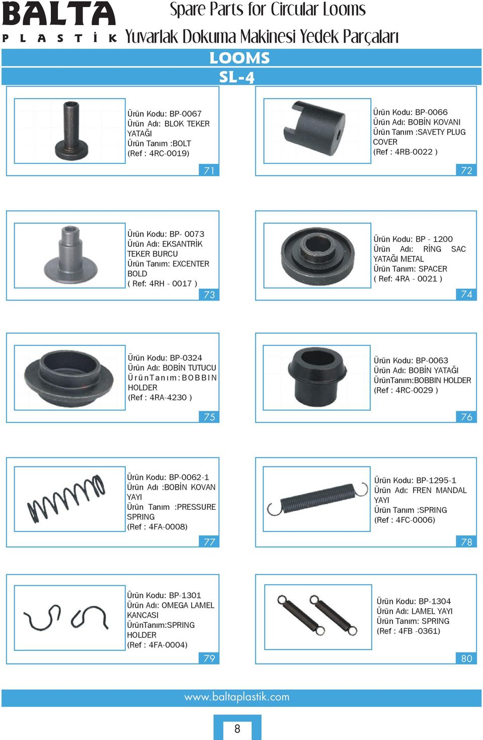 Ürün Adı: BOBİN TUTUCU ÜrünTanım:BOBBIN HOLDER (Ref : 4RA-4230 ) 75 Ürün Kodu: BP-0063 Ürün Adı: BOBİN YATAĞI ÜrünTanım:BOBBIN HOLDER (Ref : 4RC-0029 ) 76 Ürün Kodu: BP-0062-1 Ürün Adı :BOBİN KOVAN