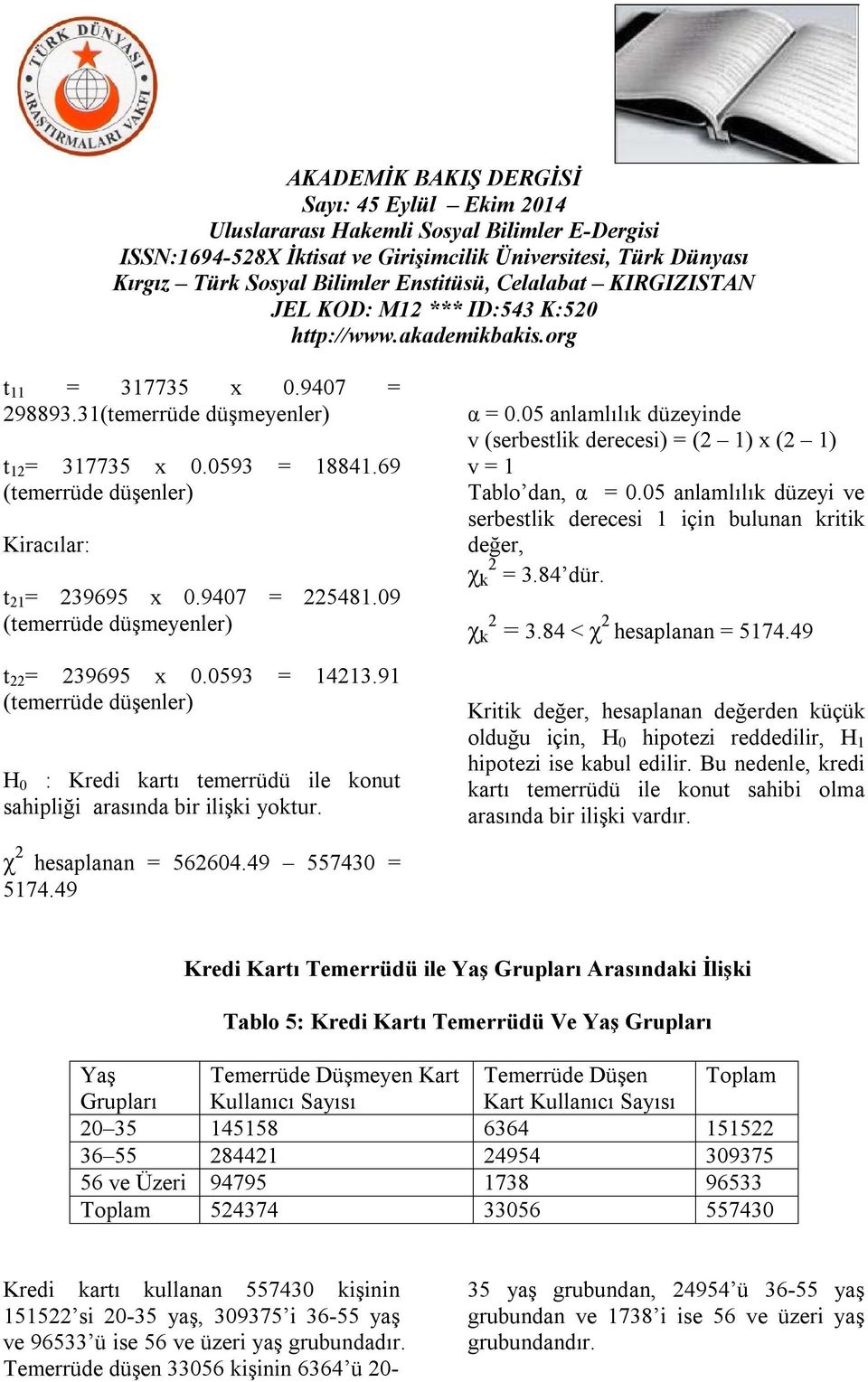 05 anlamlılık düzeyi ve serbestlik derecesi 1 için bulunan kritik değer, χ k 2 = 3.84 dür. χ k 2 = 3.84 < χ 2 hesaplanan = 5174.